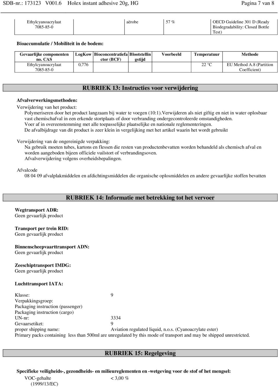 Bioconcentratiefa Blootstellin Voorbeeld Temperatuur Methode ctor (BCF) gstijd 0,776 22 C EU Method A.