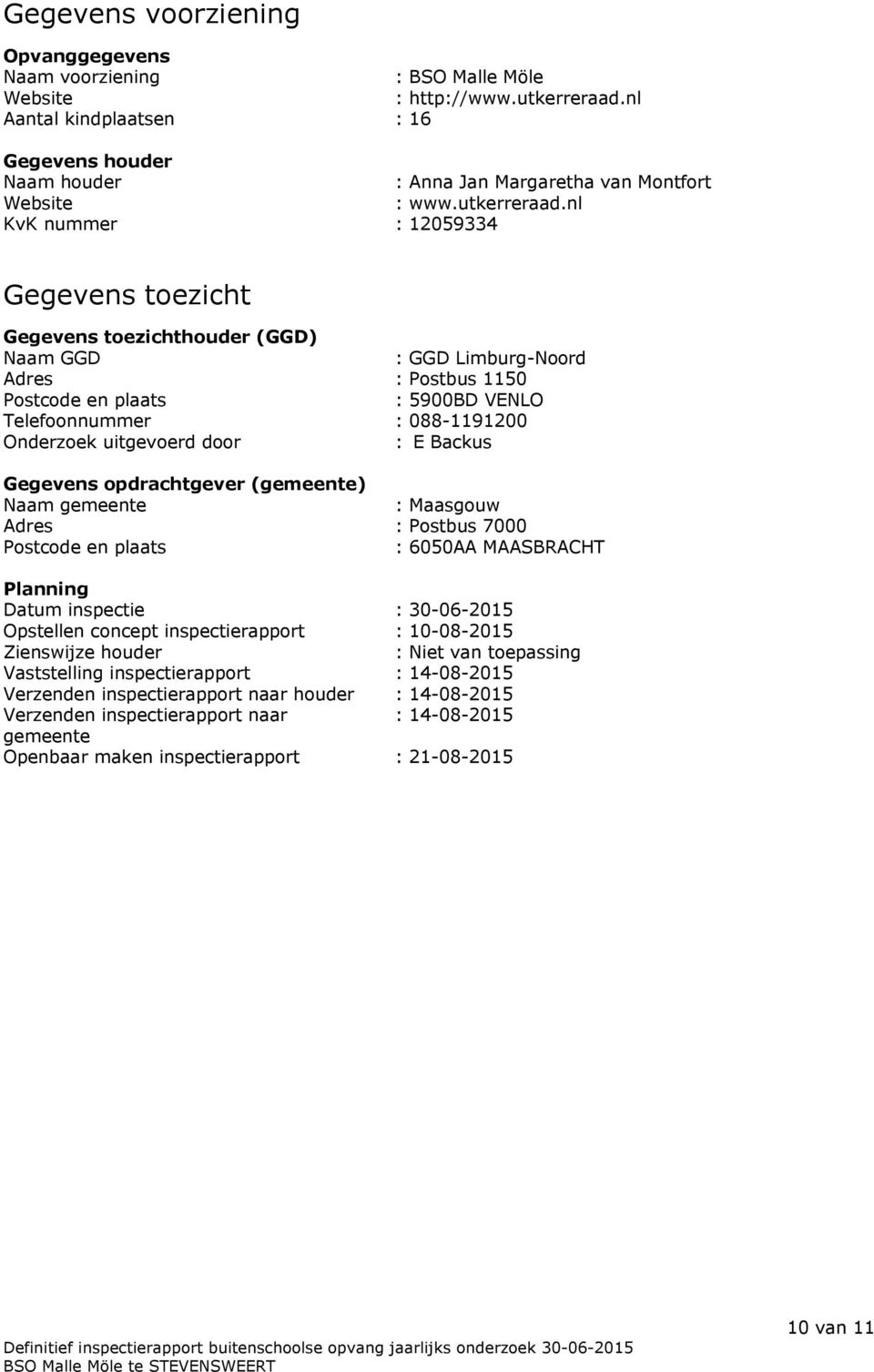 nl KvK nummer : 12059334 Gegevens toezicht Gegevens toezichthouder (GGD) Naam GGD : GGD Limburg-Noord Adres : Postbus 1150 Postcode en plaats : 5900BD VENLO Telefoonnummer : 088-1191200 Onderzoek