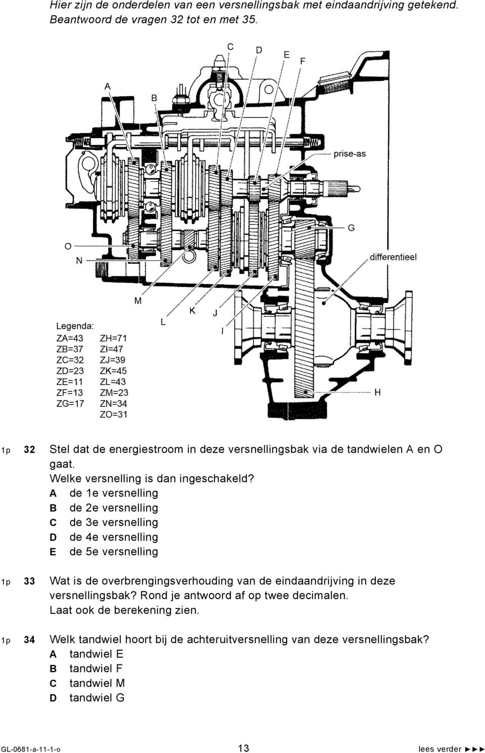 A de 1e versnelling B de 2e versnelling C de 3e versnelling D de 4e versnelling E de 5e versnelling 1p 33 Wat is de overbrengingsverhouding van de eindaandrijving in