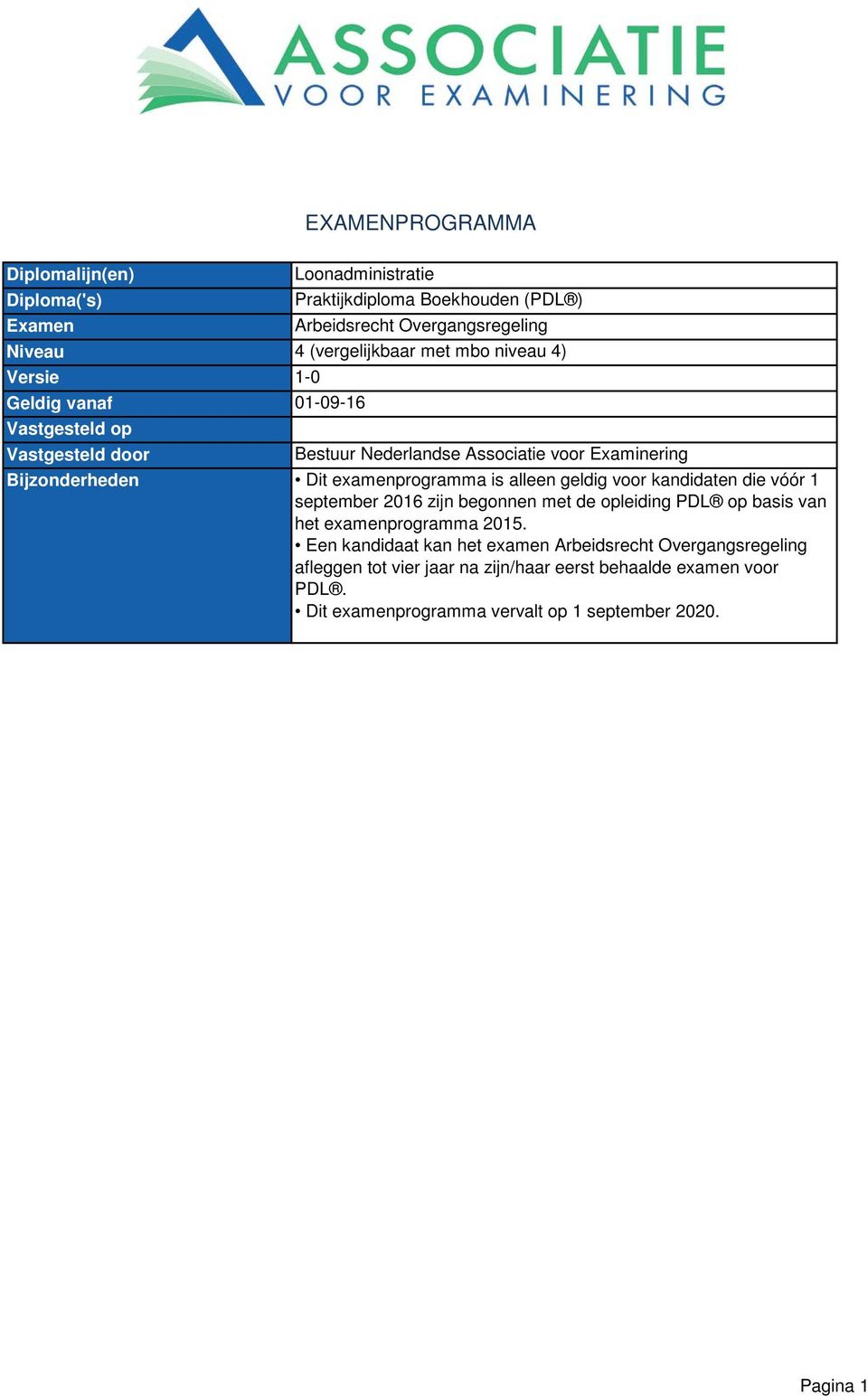 eamenprogramma is alleen geldig voor kandidaten die vóór 1 september 2016 zijn begonnen met de opleiding PDL op basis van het eamenprogramma 2015.