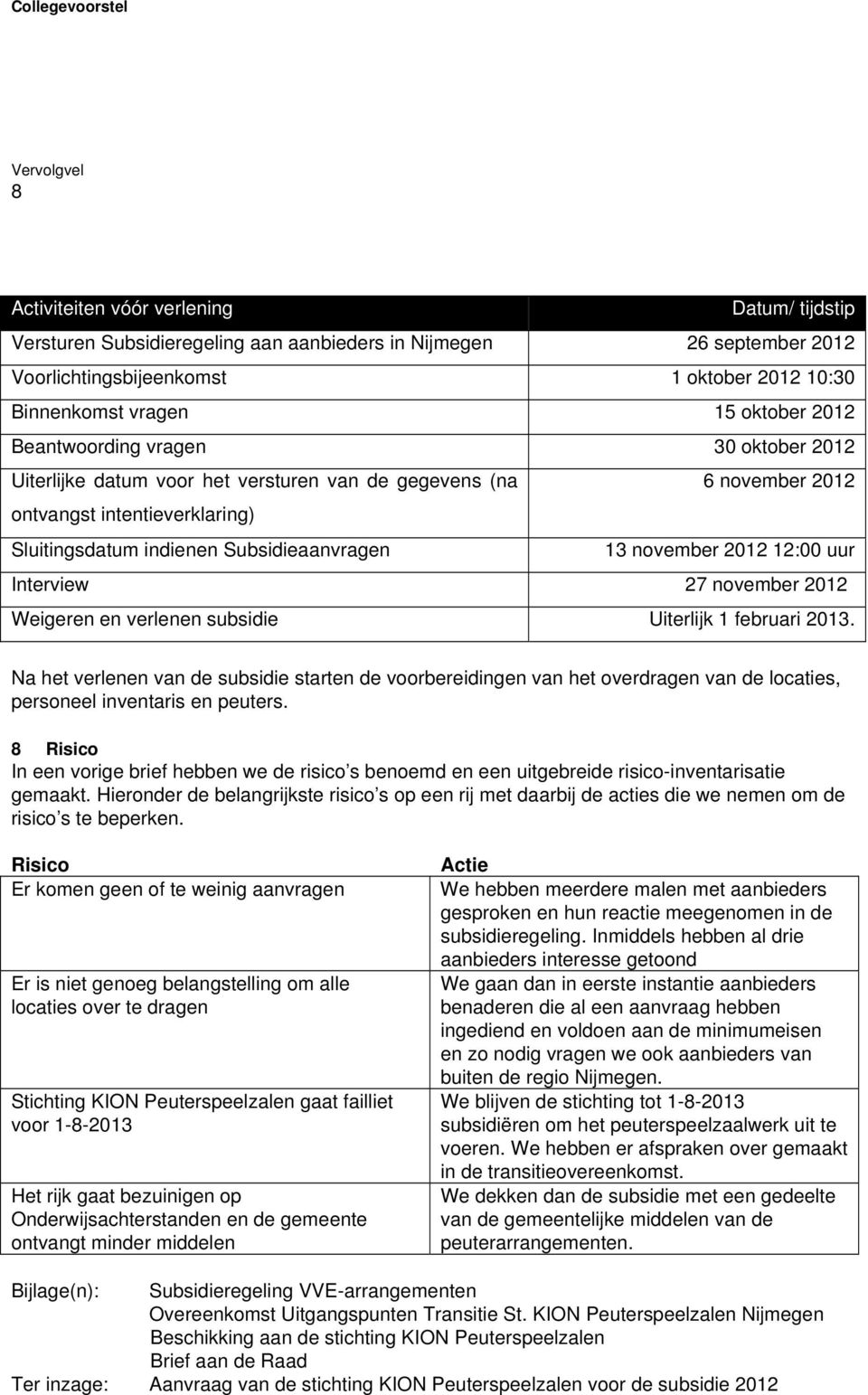 Subsidieaanvragen 13 november 2012 12:00 uur Interview 27 november 2012 Weigeren en verlenen subsidie Uiterlijk 1 februari 2013.