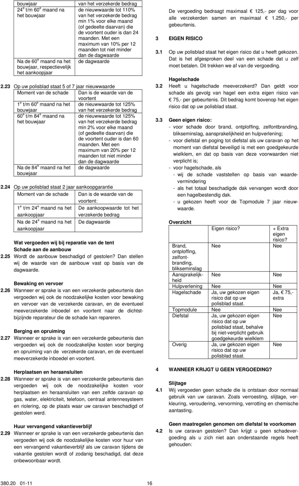 23 Op uw polisblad staat 5 of 7 jaar nieuwwaarde Moment van de schade Dan is de waarde van de voortent 1 e t/m 60 e maand na het de nieuwwaarde tot 125% bouwjaar van het verzekerde bedrag 60 e t/m 84