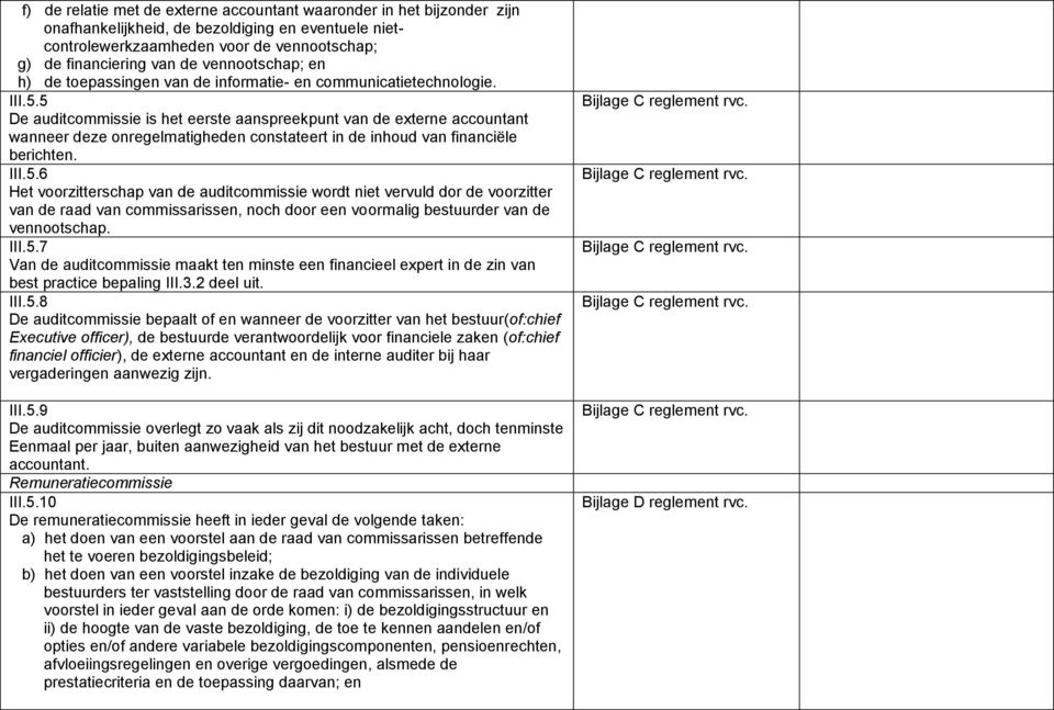 5 De auditcommissie is het eerste aanspreekpunt van de externe accountant wanneer deze onregelmatigheden constateert in de inhoud van financiële berichten. III.5.6 Het voorzitterschap van de auditcommissie wordt niet vervuld dor de voorzitter van de raad van commissarissen, noch door een voormalig bestuurder van de vennootschap.