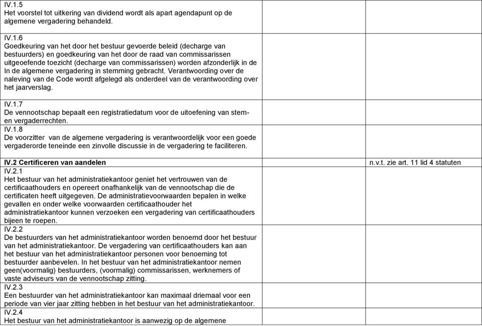 Verantwoording over de naleving van de Code wordt afgelegd als onderdeel van de verantwoording over het jaarverslag. IV.1.