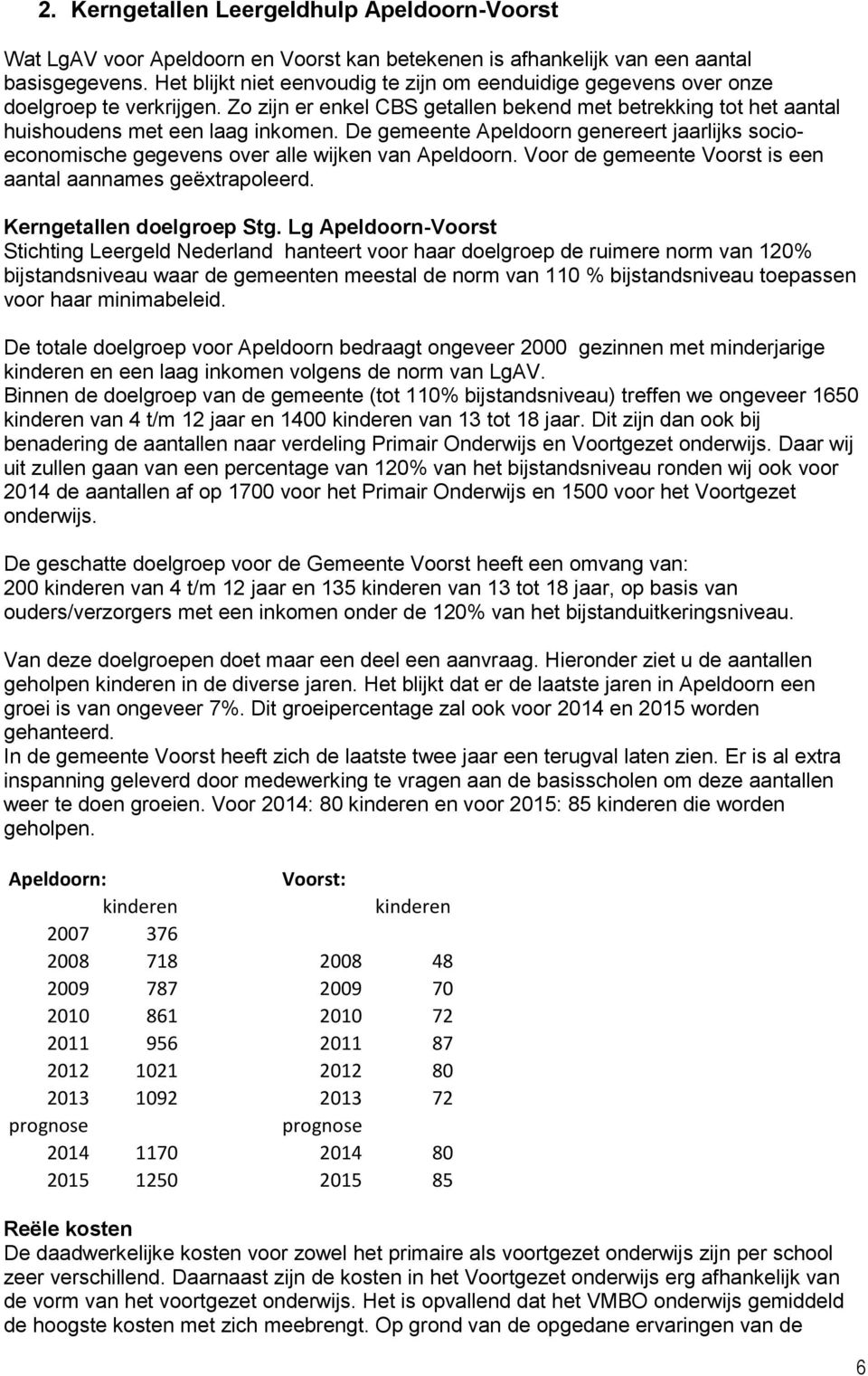 De gemeente Apeldoorn genereert jaarlijks socioeconomische gegevens over alle wijken van Apeldoorn. Voor de gemeente Voorst is een aantal aannames geëxtrapoleerd. Kerngetallen doelgroep Stg.