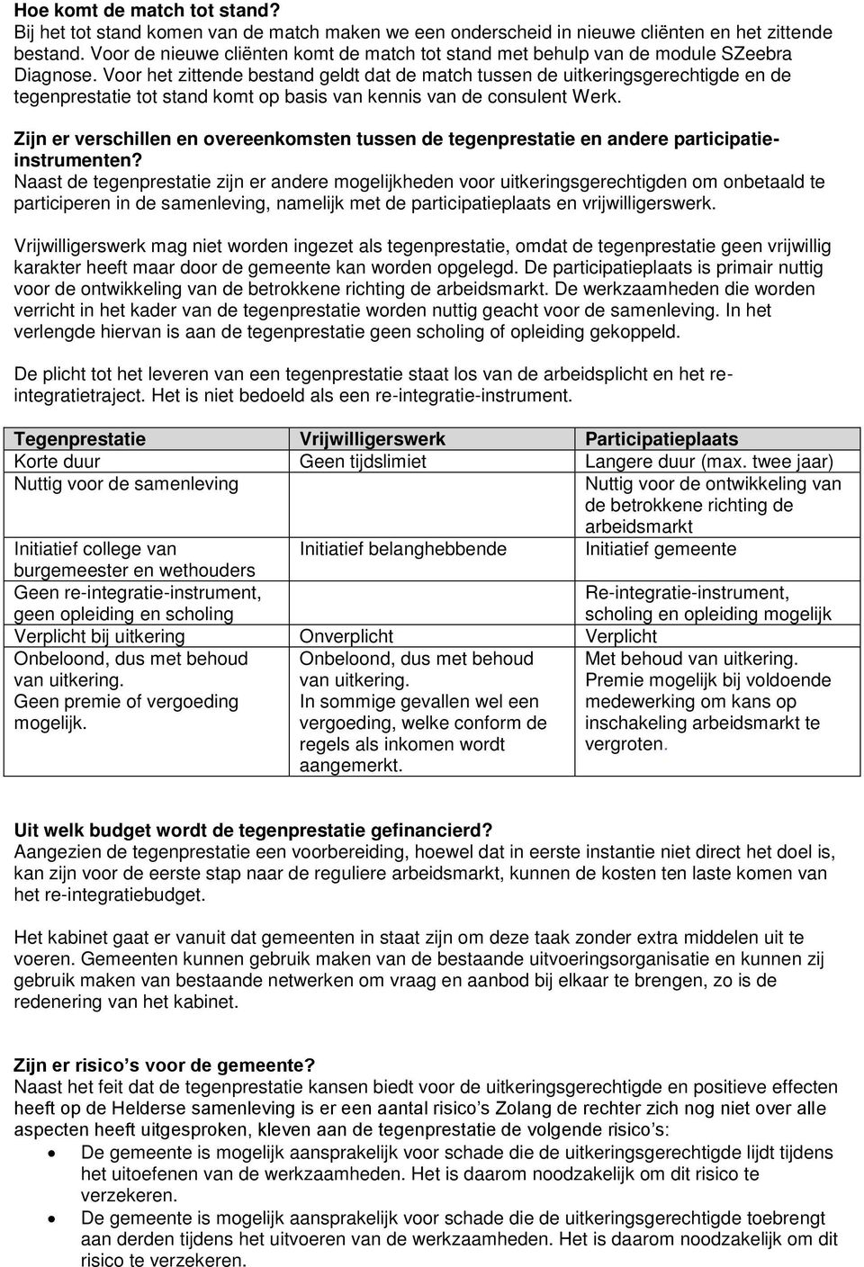 Voor het zittende bestand geldt dat de match tussen de uitkeringsgerechtigde en de tegenprestatie tot stand komt op basis van kennis van de consulent Werk.