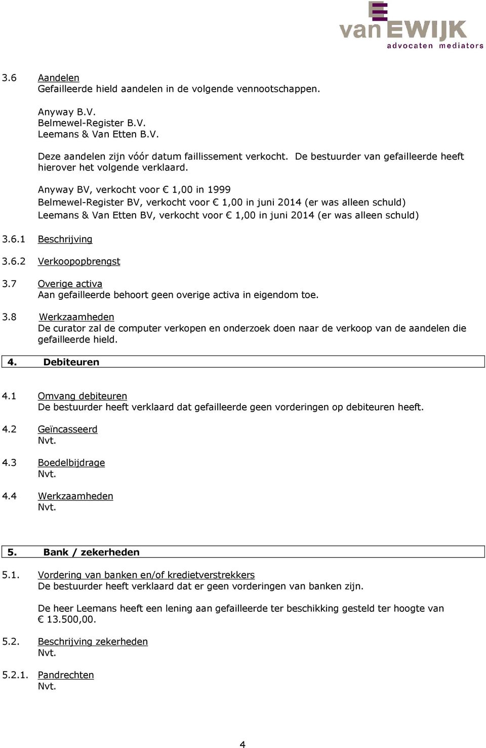 Anyway BV, verkocht voor 1,00 in 1999 Belmewel-Register BV, verkocht voor 1,00 in juni 2014 (er was alleen schuld) Leemans & Van Etten BV, verkocht voor 1,00 in juni 2014 (er was alleen schuld) 3.6.