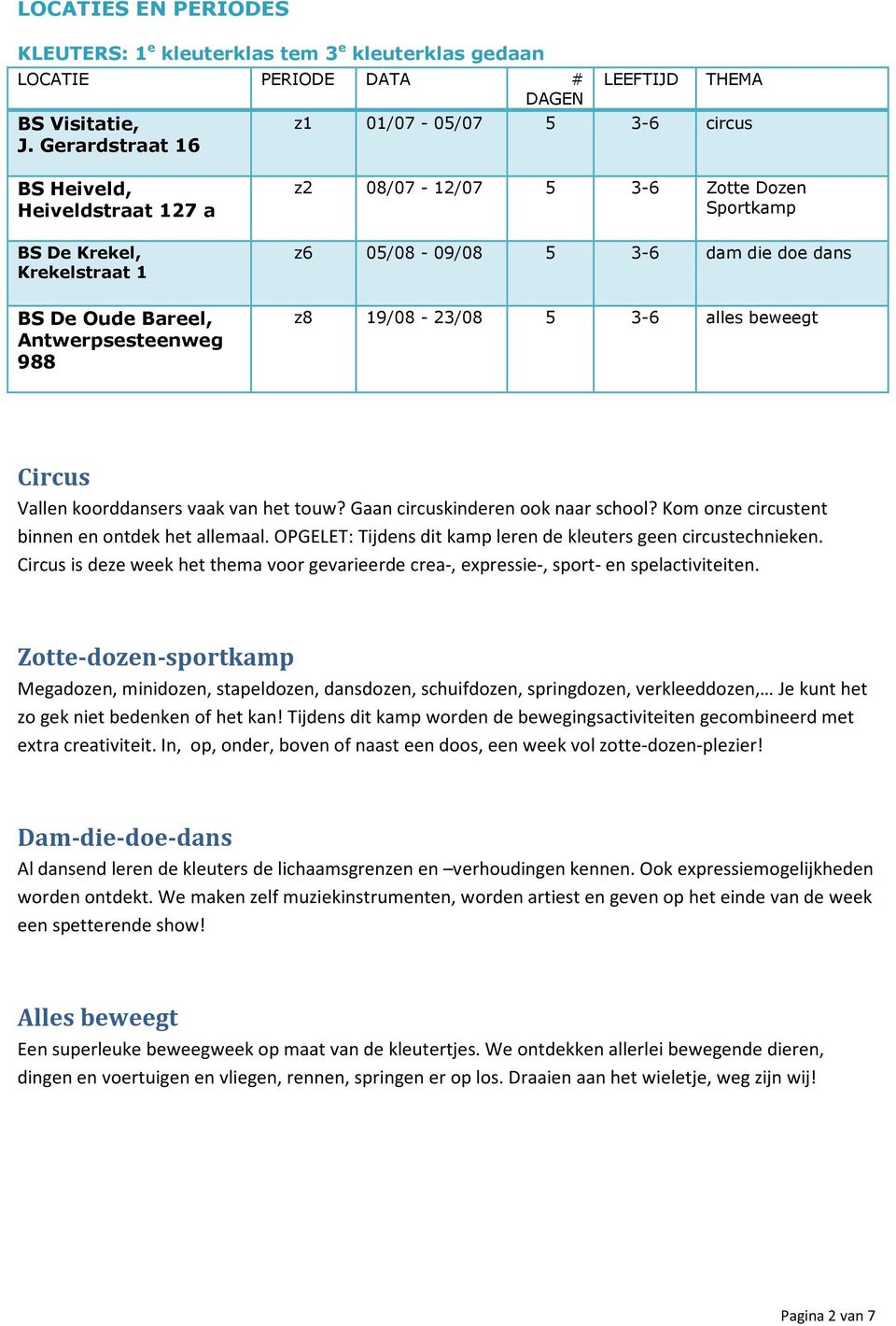 Bareel, Antwerpsesteenweg 988 z8 19/08-23/08 5 3-6 alles beweegt Circus Vallen koorddansers vaak van het touw? Gaan circuskinderen ook naar school? Kom onze circustent binnen en ontdek het allemaal.