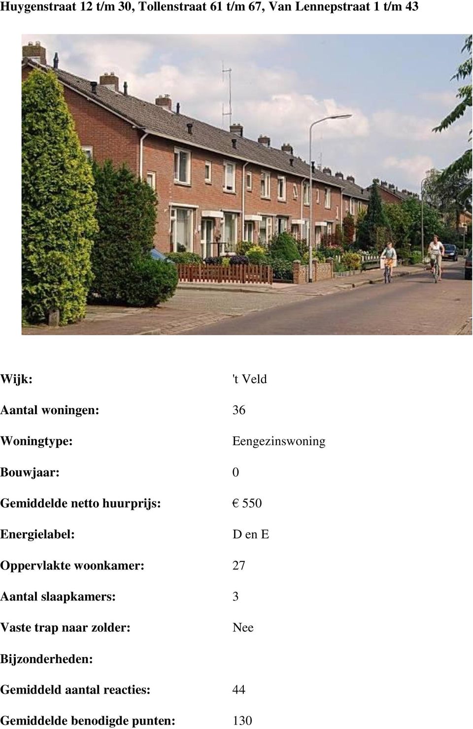 netto huurprijs: 550 D en E Oppervlakte woonkamer: 27 Aantal