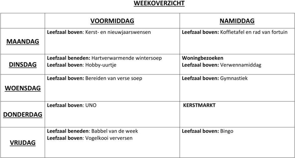 van fortuin Woningbezoeken Leefzaal boven: Verwennamiddag Leefzaal boven: Gymnastiek DONDERDAG Leefzaal boven: UNO