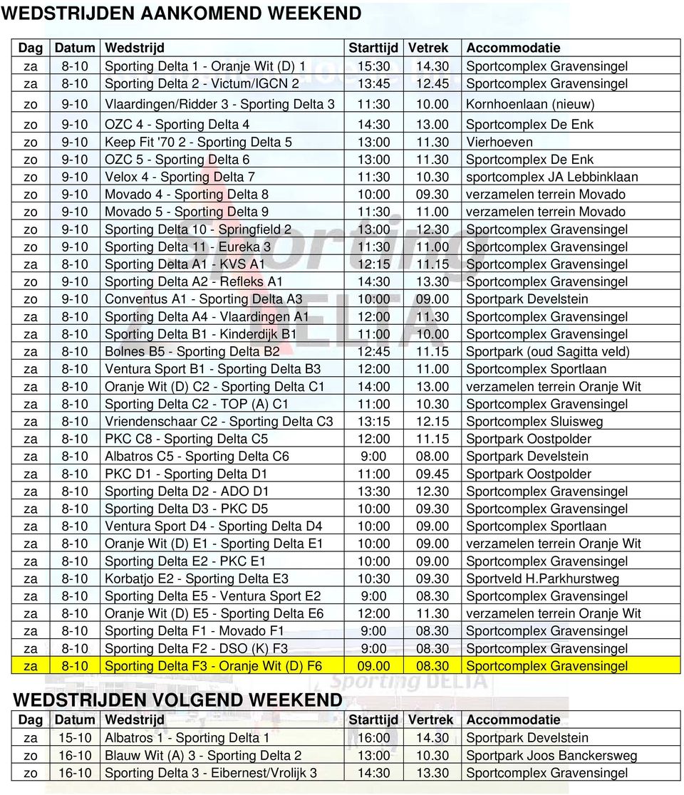 00 Kornhoenlaan (nieuw) zo 9-10 OZC 4 - Sporting Delta 4 14:30 13.00 Sportcomplex De Enk zo 9-10 Keep Fit '70 2 - Sporting Delta 5 13:00 11.30 Vierhoeven zo 9-10 OZC 5 - Sporting Delta 6 13:00 11.
