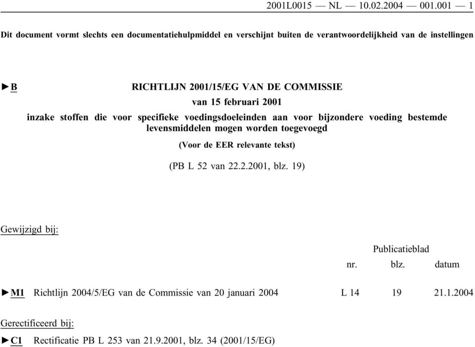 DE COMMISSIE van 15 februari 2001 inzake stoffen die voor specifieke voedingsdoeleinden aan voor bijzondere voeding bestemde levensmiddelen mogen