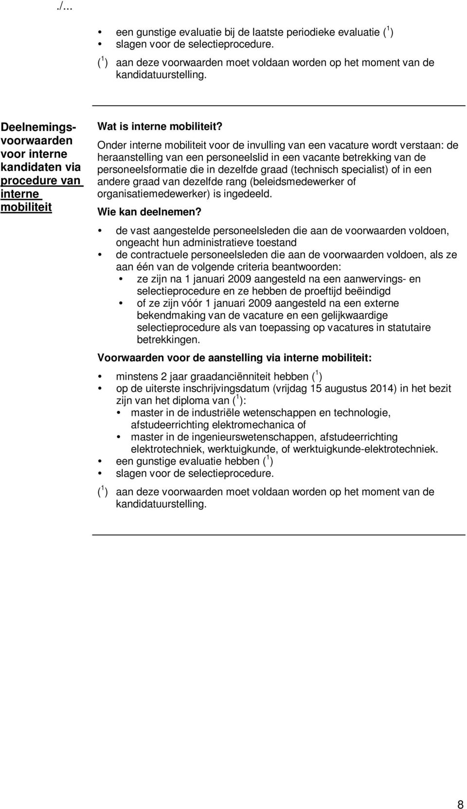 Onder interne mobiliteit voor de invulling van een vacature wordt verstaan: de heraanstelling van een personeelslid in een vacante betrekking van de personeelsformatie die in dezelfde graad