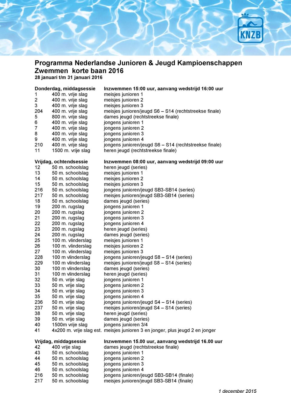 vrije slag dames jeugd (rechtstreekse finale) 6 400 m. vrije slag jongens junioren 1 7 400 m. vrije slag jongens junioren 2 8 400 m. vrije slag jongens junioren 3 9 400 m.