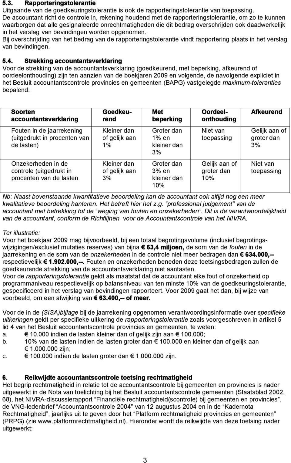 in het verslag van bevindingen worden opgenomen. Bij overschrijding van het bedrag van de rapporteringstolerantie vindt rapportering plaats in het verslag van bevindingen. 5.4.