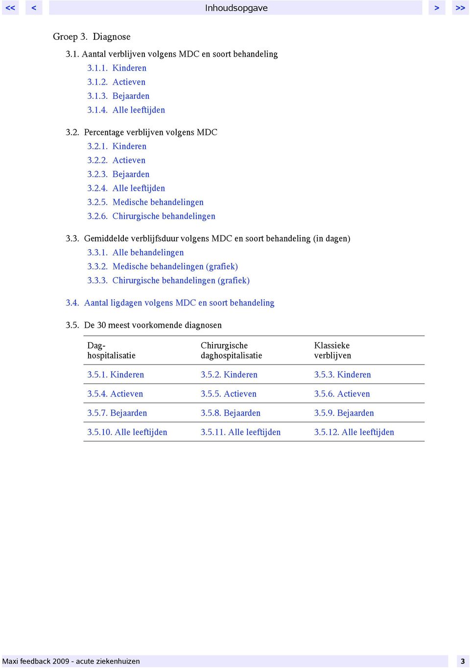 3.1. Alle behandelingen 3.3.2. Medische behandelingen (grafiek) 3.3.3. Chirurgische behandelingen (grafiek) 3.4. Aantal ligdagen volgens MDC en soort behandeling 3.5.