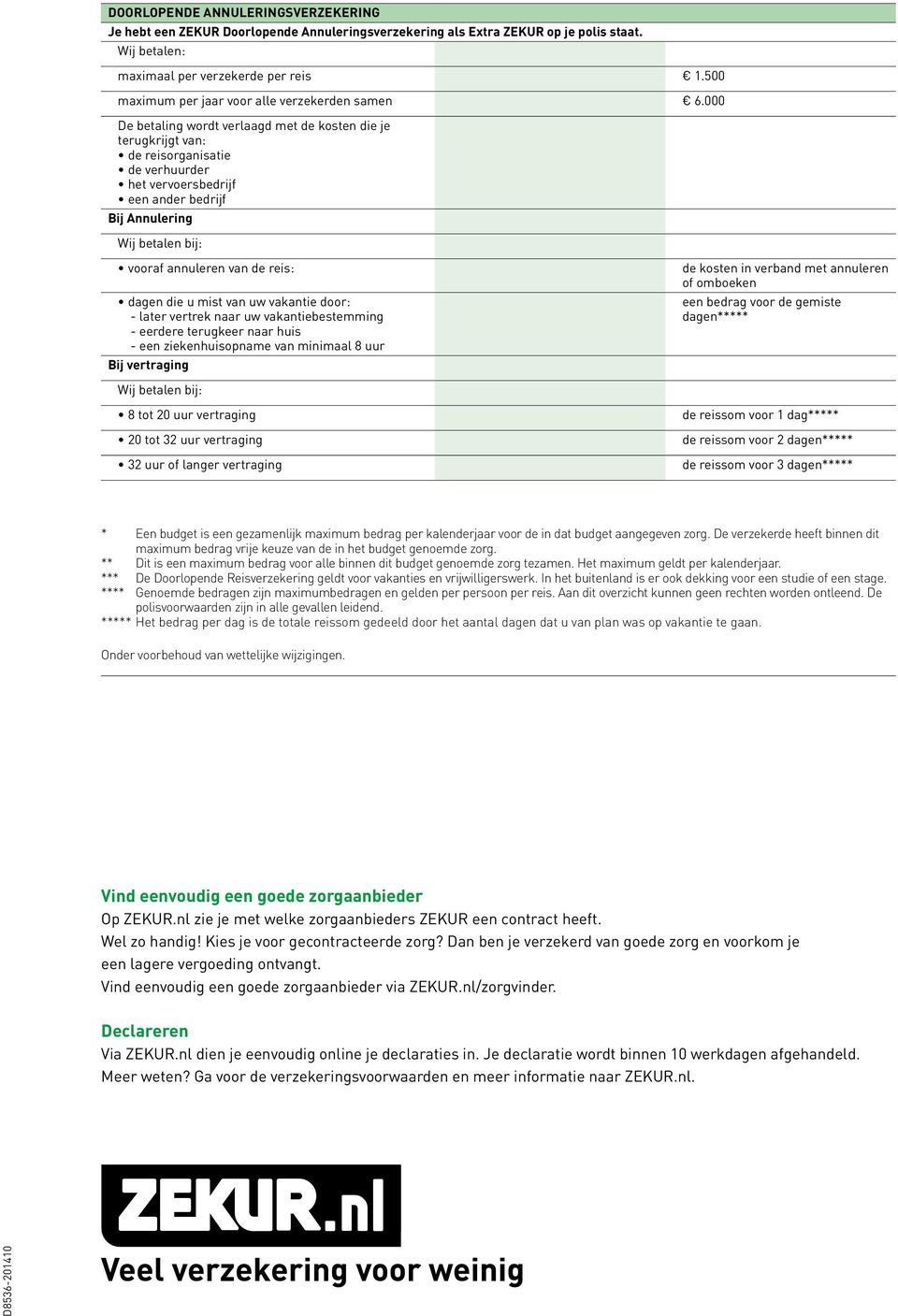 000 De betaling wordt verlaagd met de kosten die je terugkrijgt van: de reisorganisatie de verhuurder het vervoersbedrijf een ander bedrijf Bij Annulering Wij betalen bij: vooraf annuleren van de