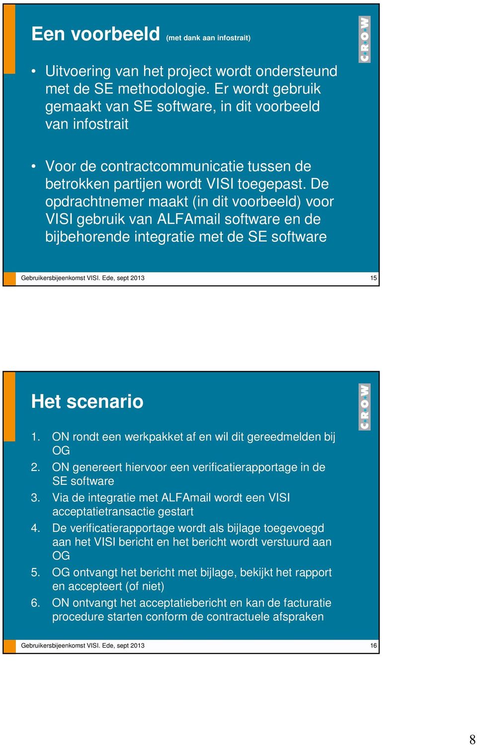 De opdrachtnemer maakt (in dit voorbeeld) voor VISI gebruik van ALFAmail software en de bijbehorende integratie met de SE software 15 Het scenario 1.