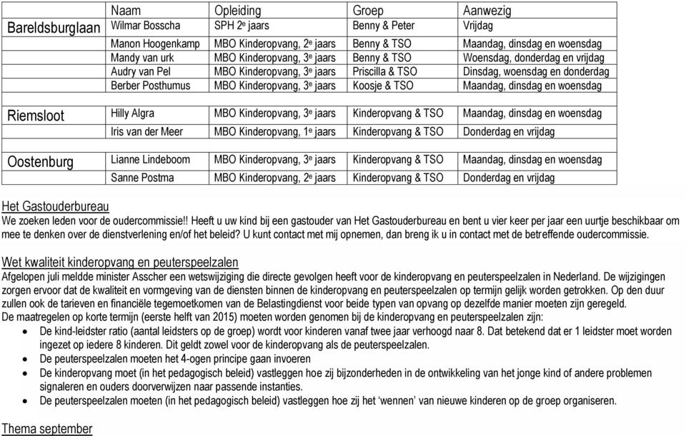 jaars Koosje & TSO Maandag, dinsdag en woensdag Riemsloot Hilly Algra MBO Kinderopvang, 3 e jaars Kinderopvang & TSO Maandag, dinsdag en woensdag Iris van der Meer MBO Kinderopvang, 1 e jaars