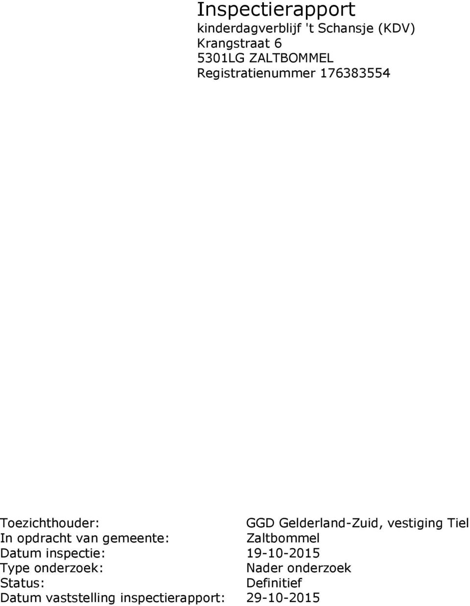 vestiging Tiel In opdracht van gemeente: Zaltbommel Datum inspectie: 19-10-2015