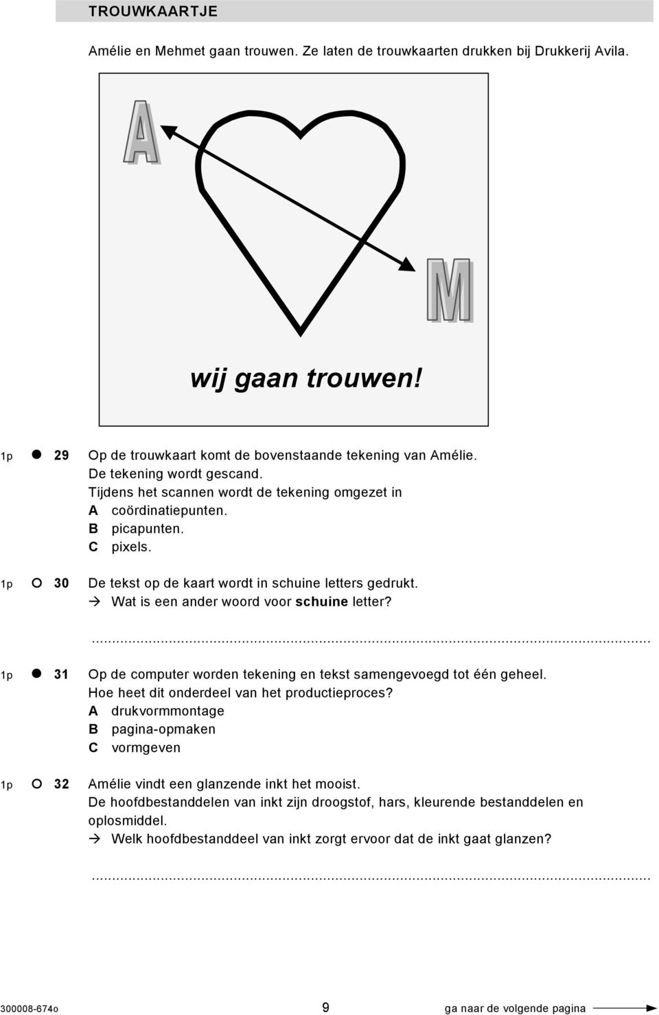 Wat is een ander woord voor schuine letter? 1p 31 Op de computer worden tekening en tekst samengevoegd tot één geheel. Hoe heet dit onderdeel van het productieproces?