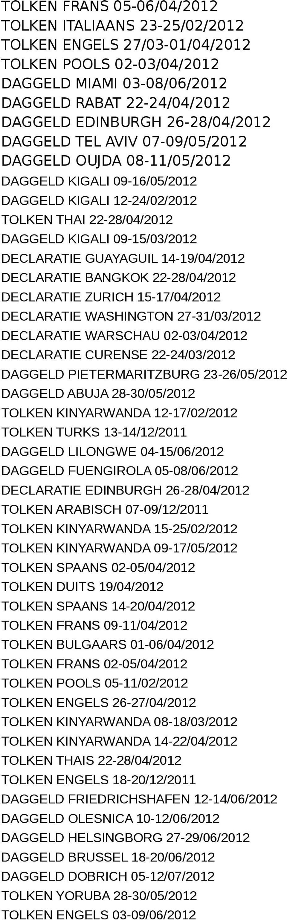 GUAYAGUIL 14-19/04/2012 DECLARATIE BANGKOK 22-28/04/2012 DECLARATIE ZURICH 15-17/04/2012 DECLARATIE WASHINGTON 27-31/03/2012 DECLARATIE WARSCHAU 02-03/04/2012 DECLARATIE CURENSE 22-24/03/2012 DAGGELD