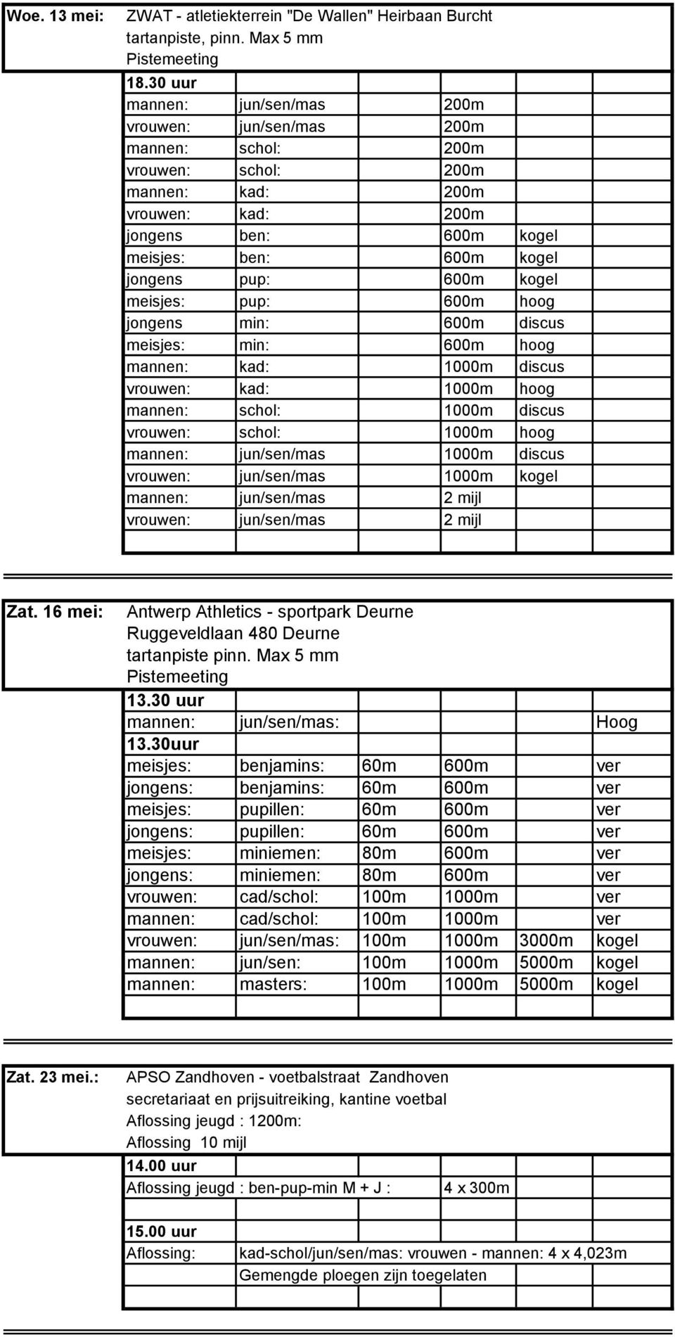 600m kogel meisjes: pup: 600m hoog jongens min: 600m discus meisjes: min: 600m hoog mannen: kad: 1000m discus vrouwen: kad: 1000m hoog mannen: schol: 1000m discus vrouwen: schol: 1000m hoog mannen: