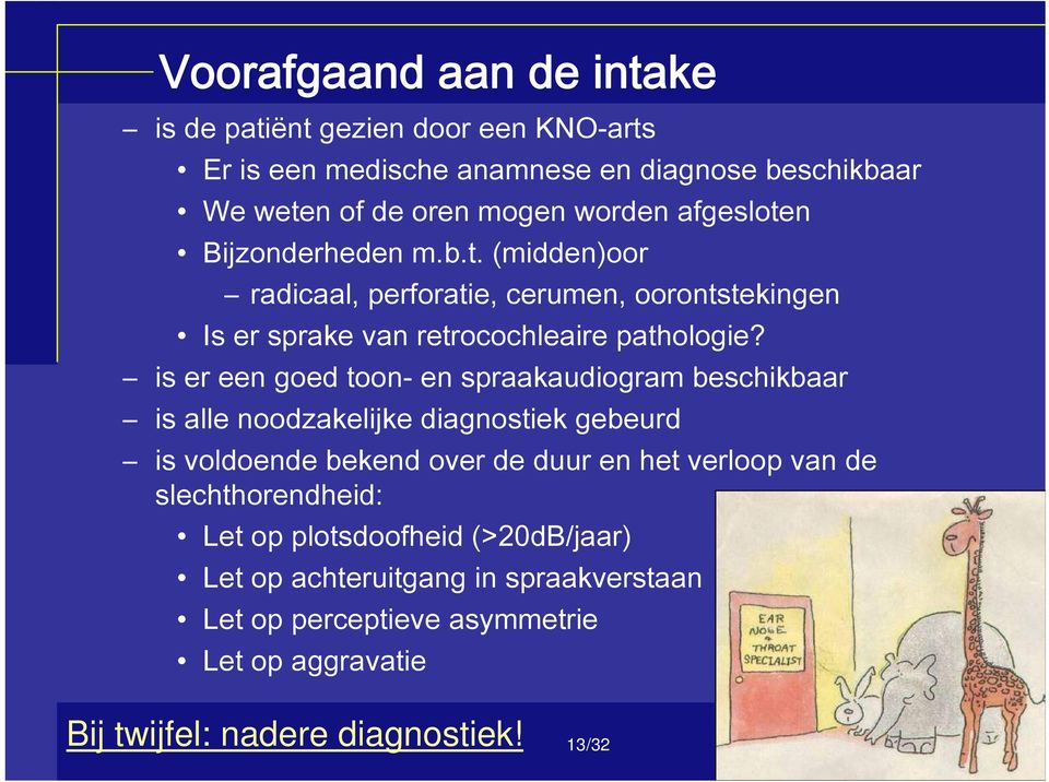 is er een goed toon- en spraakaudiogram beschikbaar is alle noodzakelijke diagnostiek gebeurd is voldoende bekend over de duur en het verloop van de