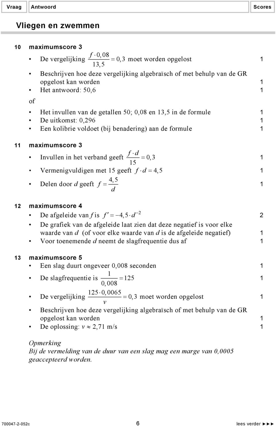 Vermenigvuldigen met 5 geeft f d = 4,5 4,5 Delen door d geeft f = d maximumscore 4 De afgeleide van f is f = 4,5 d De grafiek van de afgeleide laat zien dat deze negatief is voor elke waarde van d