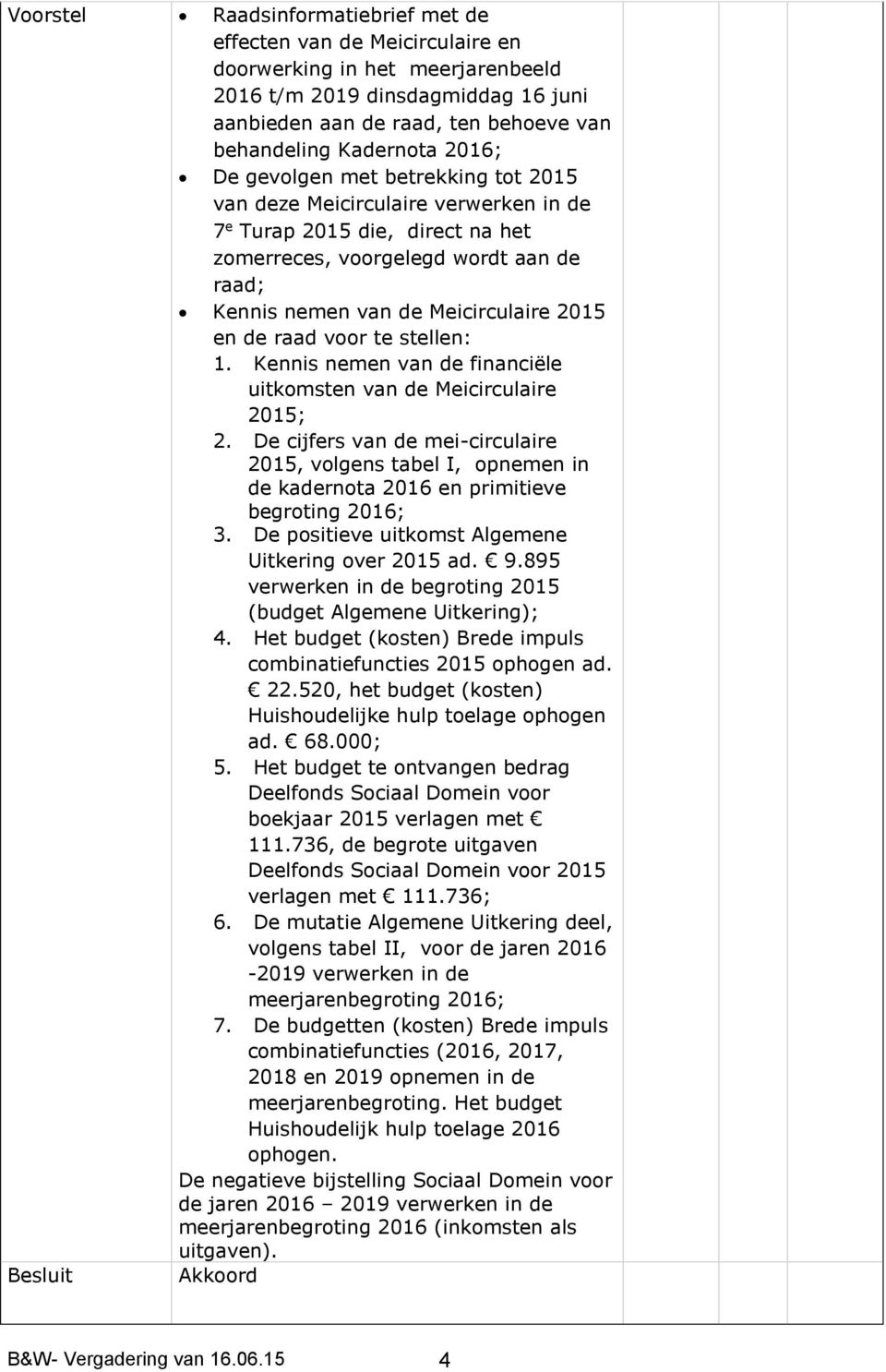 voor te stellen: 1. Kennis nemen van de financiële uitkomsten van de Meicirculaire 2015; 2.
