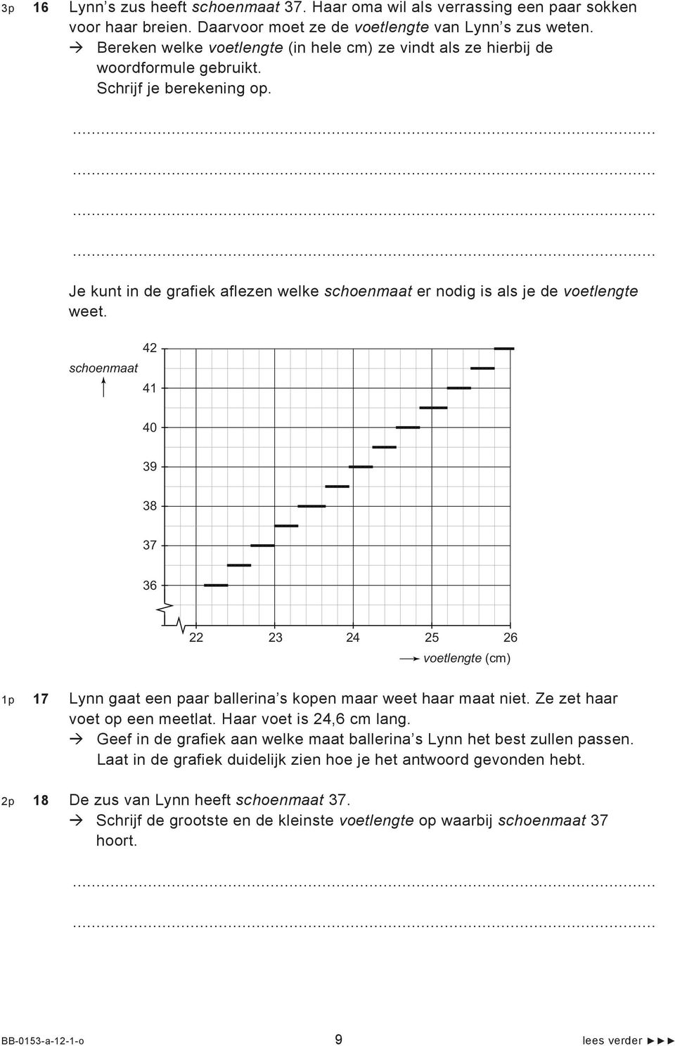 schoenmaat 42 41 40 39 38 37 36 22 23 24 25 26 voetlengte (cm) 1p 17 Lynn gaat een paar ballerina s kopen maar weet haar maat niet. Ze zet haar voet op een meetlat. Haar voet is 24,6 cm lang.