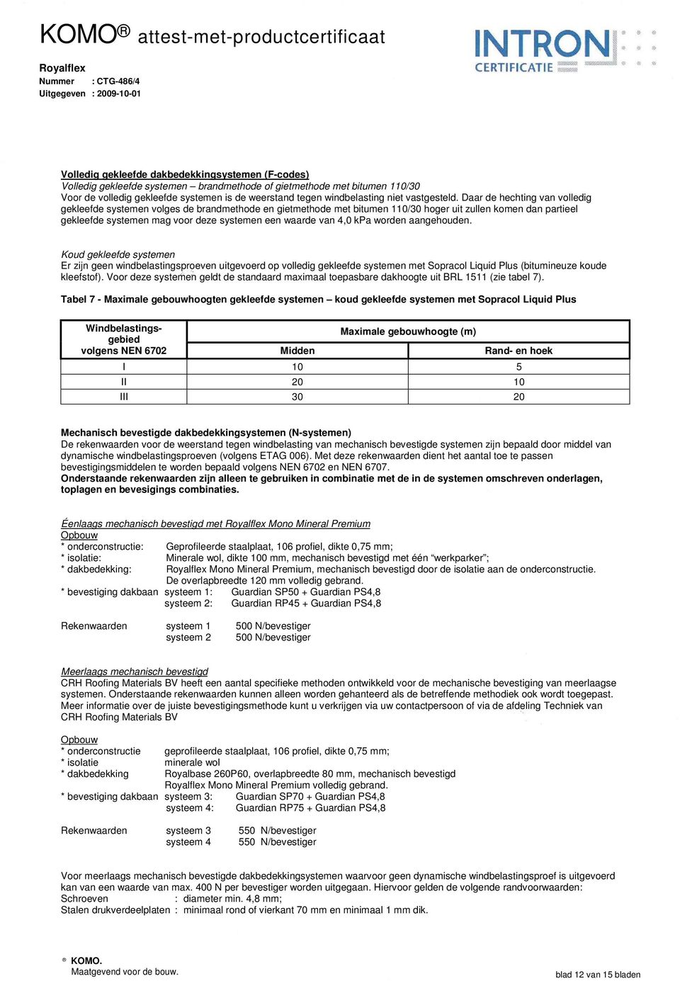 Daar de hechting van volledig gekleefde systemen volges de brandmethode en gietmethode met bitumen 110/30 hoger uit zullen komen dan partieel gekleefde systemen mag voor deze systemen een waarde van