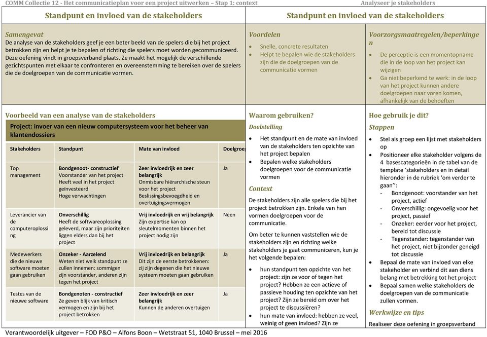 Ze maakt het mogelijk de verschillende gezichtspunten met elkaar te confronteren en overeenstemming te bereiken over de spelers die de doelgroepen van de communicatie vormen.