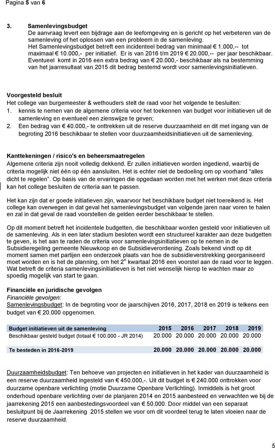 Eventueel komt in 2016 een extra bedrag van 20.000,- beschikbaar als na bestemming van het jaarresultaat van 2015 dit bedrag bestemd wordt voor samenlevingsinitiatieven.