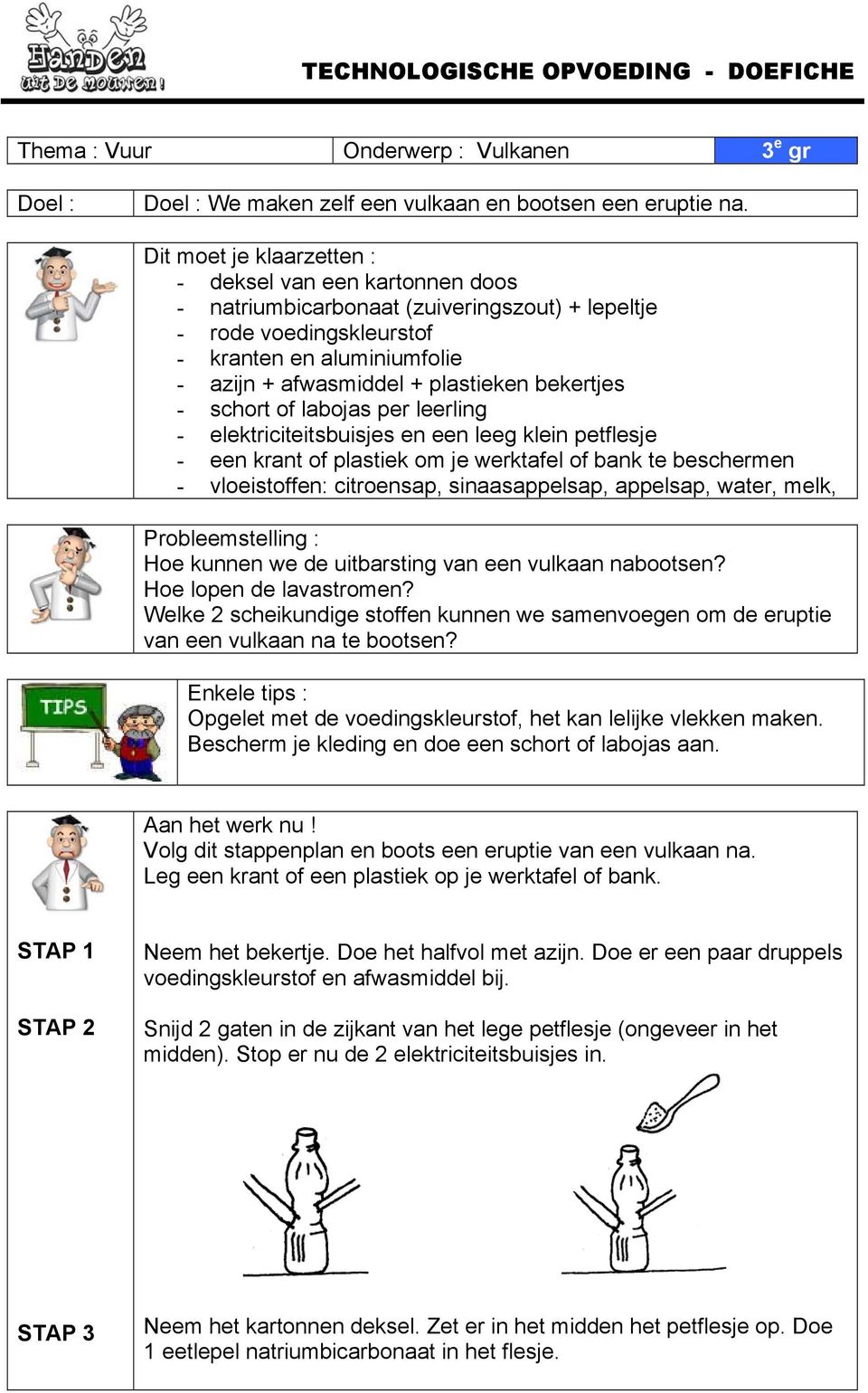 bekertjes - schort of labojas per leerling - elektriciteitsbuisjes en een leeg klein petflesje - een krant of plastiek om je werktafel of bank te beschermen - vloeistoffen: citroensap,