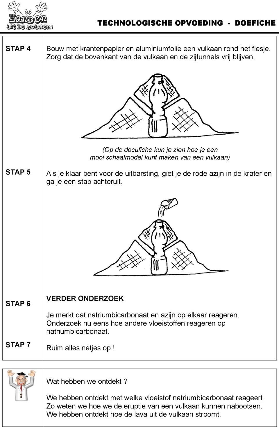 achteruit. STAP 6 STAP 7 VERDER ONDERZOEK Je merkt dat natriumbicarbonaat en azijn op elkaar reageren. Onderzoek nu eens hoe andere vloeistoffen reageren op natriumbicarbonaat.