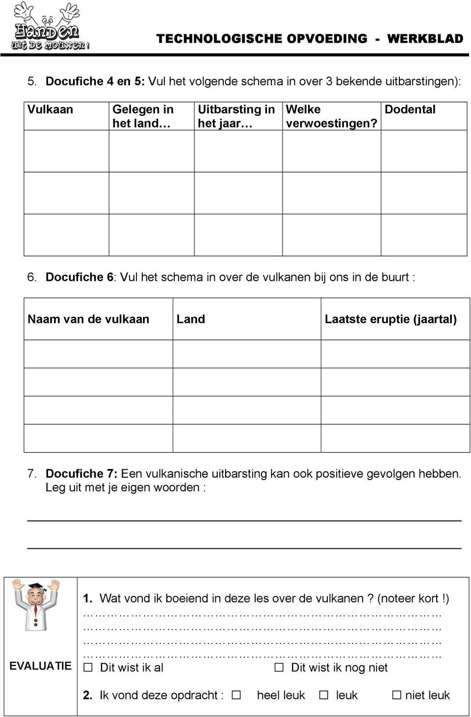 Dodental 6. Docufiche 6: Vul het schema in over de vulkanen bij ons in de buurt : Naam van de vulkaan Land Laatste eruptie (jaartal) 7.