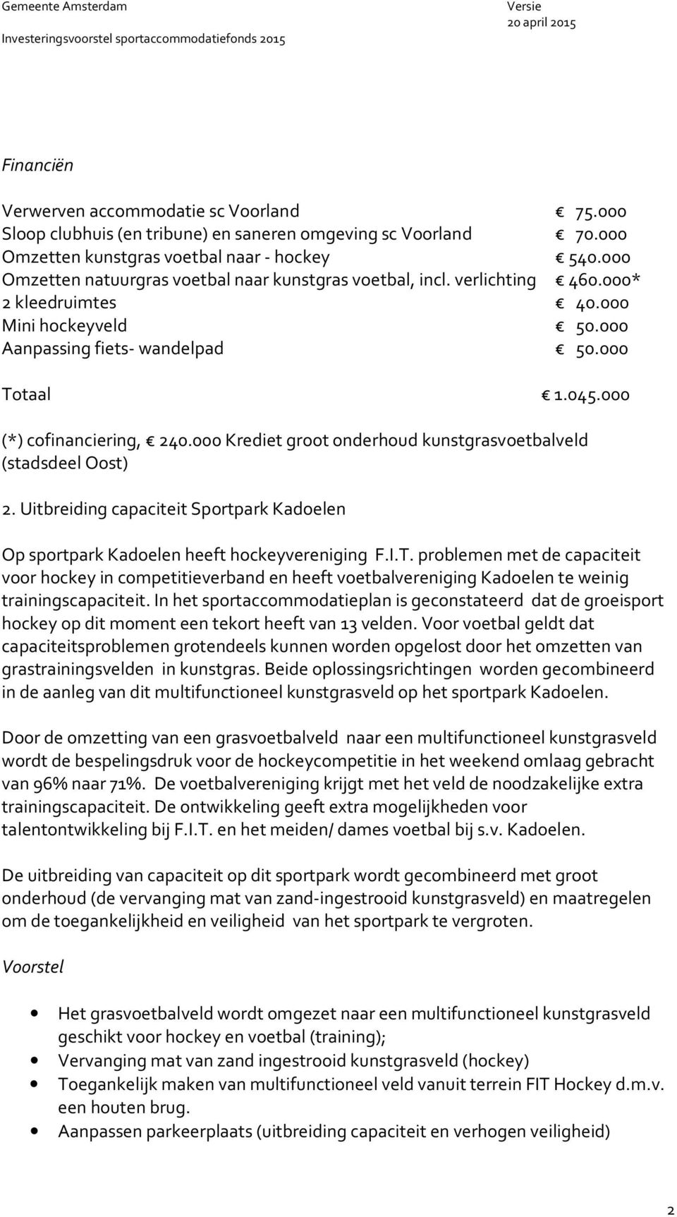 000 (*) cofinanciering, 240.000 Krediet groot onderhoud kunstgrasvoetbalveld (stadsdeel Oost) 2. Uitbreiding capaciteit Sportpark Kadoelen Op sportpark Kadoelen heeft hockeyvereniging F.I.T.