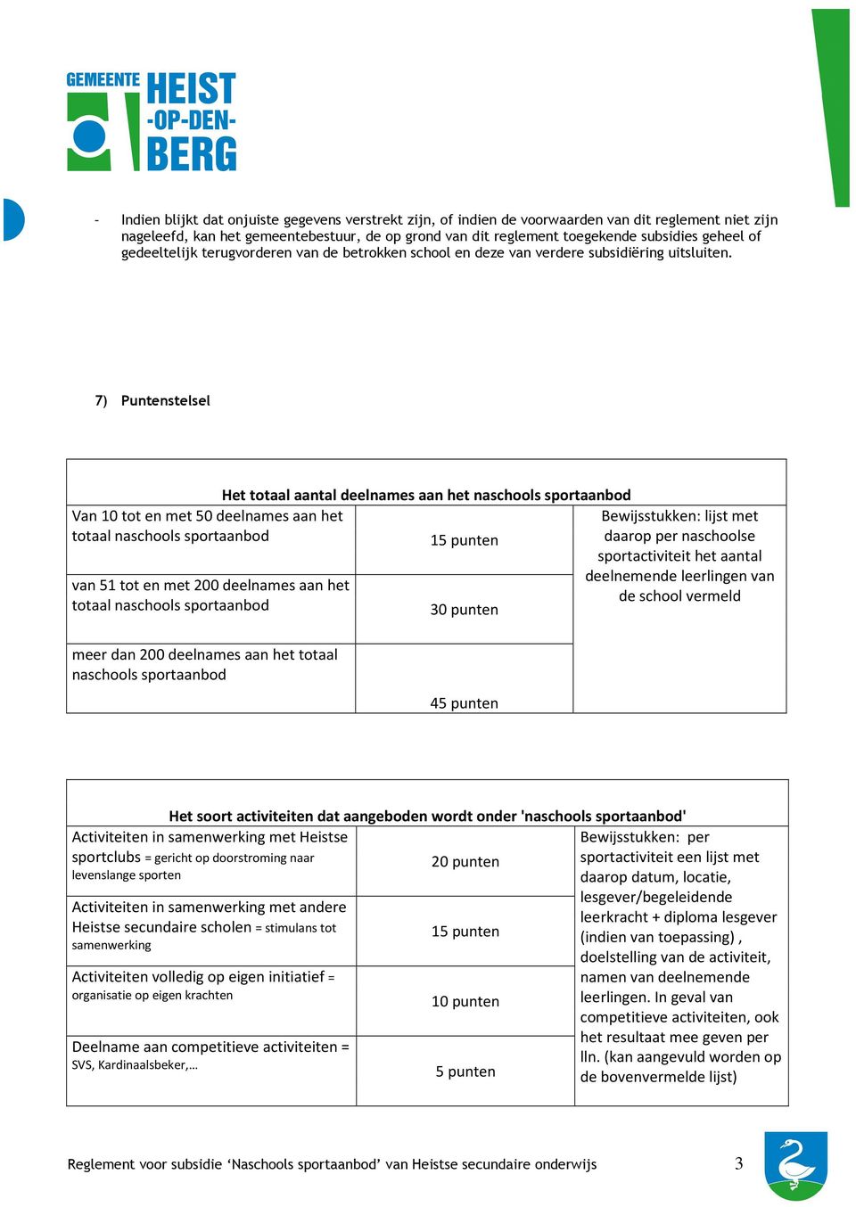 7) Puntenstelsel Van 10 tot en met 50 deelnames aan het totaal naschools sportaanbod van 51 tot en met 200 deelnames aan het totaal naschools sportaanbod Het totaal aantal deelnames aan het naschools