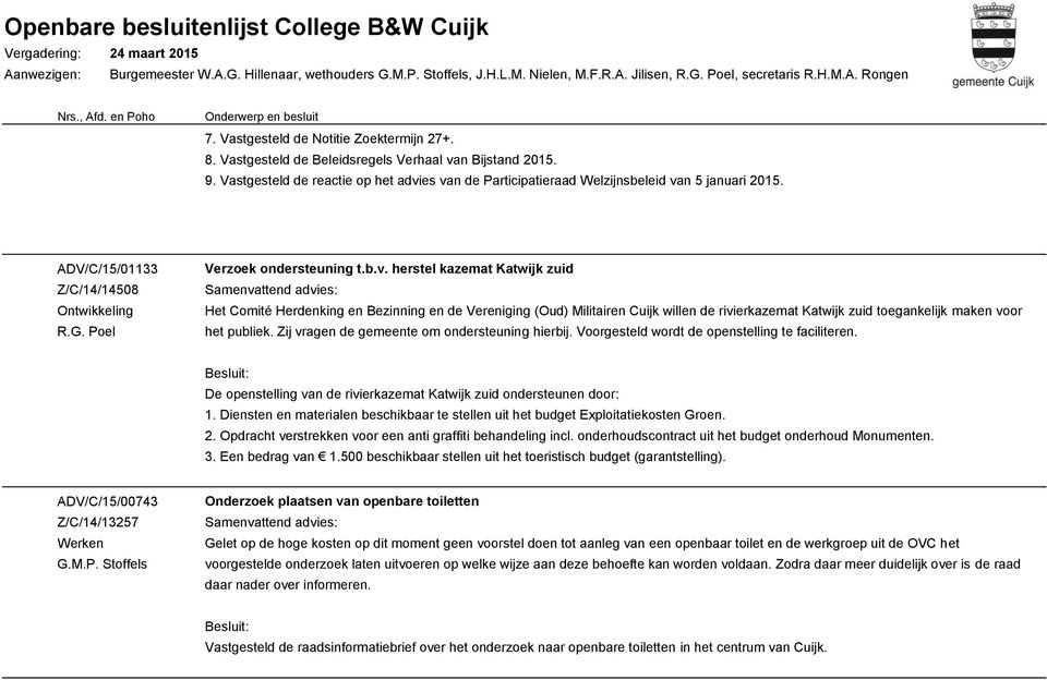 es van de Participatieraad Welzijnsbeleid van 5 januari 2015. 10 ADV/C/15/01133 Z/C/14/14508 Verzoek ondersteuning t.b.v. herstel kazemat Katwijk zuid Het Comité Herdenking en Bezinning en de Vereniging (Oud) Militairen Cuijk willen de rivierkazemat Katwijk zuid toegankelijk maken voor het publiek.