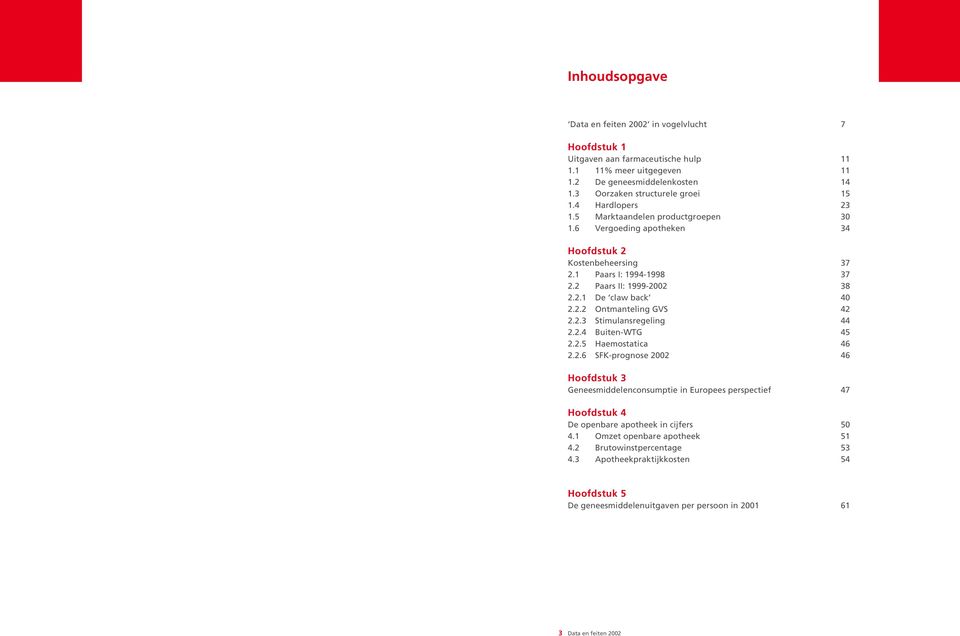 2.2 Ontmanteling GVS 42 2.2.3 Stimulansregeling 44 2.2.4 Buiten-WTG 45 2.2.5 Haemostatica 46 2.2.6 SFK-prognose 2002 46 Hoofdstuk 3 Geneesmiddelenconsumptie in Europees perspectief 47 Hoofdstuk 4 De openbare apotheek in cijfers 50 4.