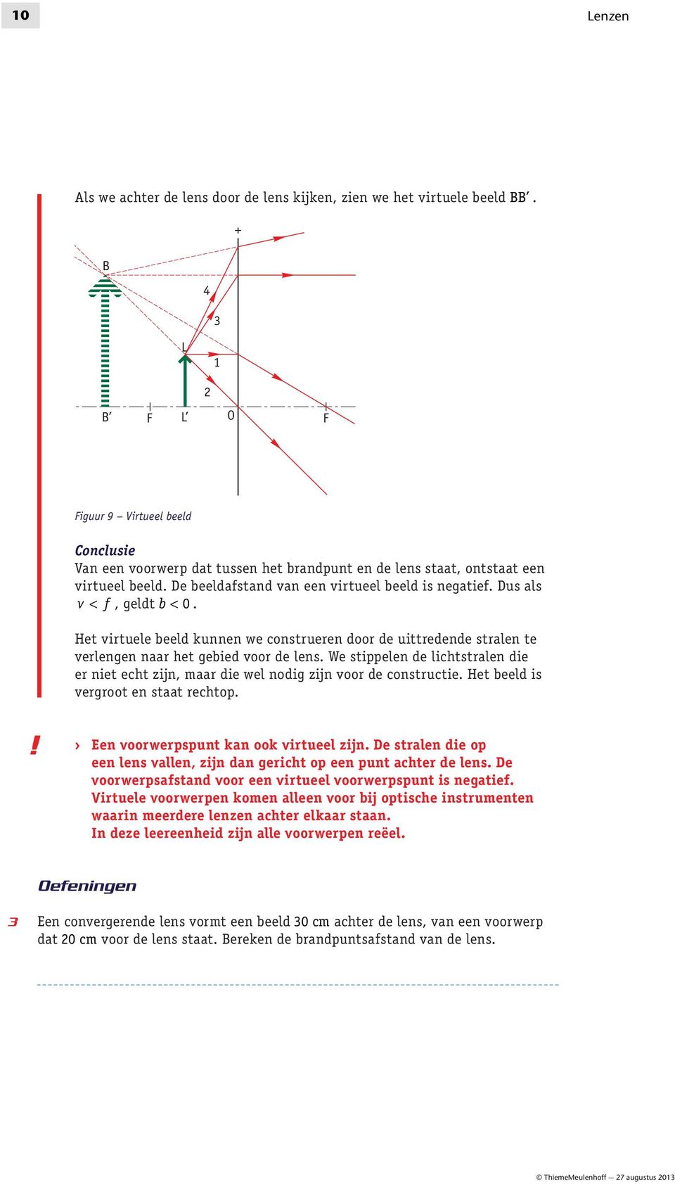 Dus als v < f, geldt b < 0. Het virtuele beeld kunnen we construeren door de uittredende stralen te verlengen naar het gebied voor de lens.