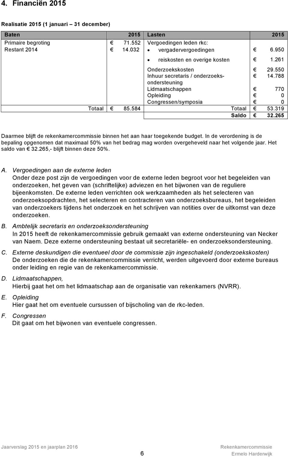 265 Daarmee blijft de rekenkamercommissie binnen het aan haar toegekende budget.