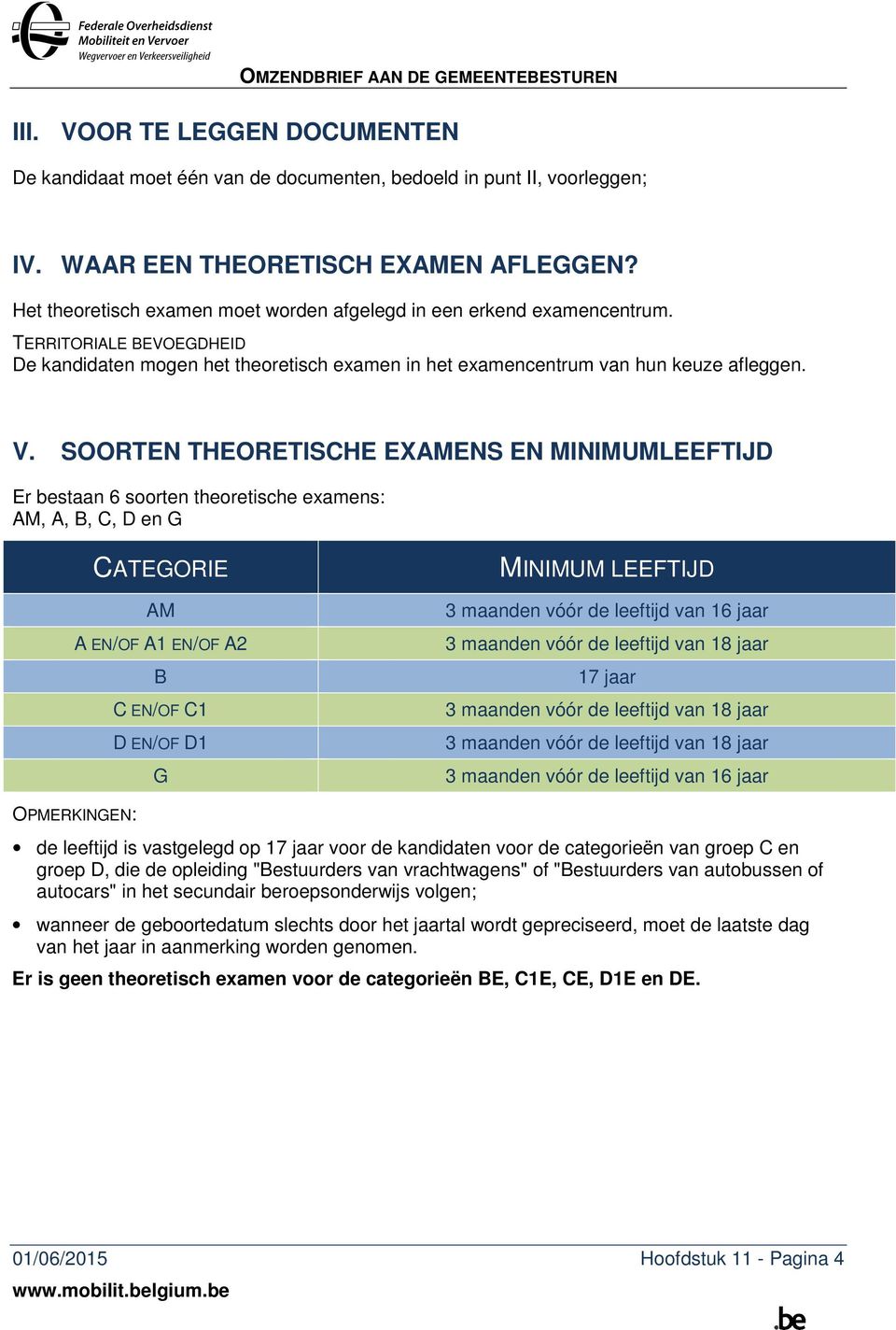 SOORTEN THEORETISCHE EXAMENS EN MINIMUMLEEFTIJD Er bestaan 6 soorten theoretische examens: AM, A, B, C, D en G CATEGORIE AM A EN/OF A1 EN/OF A2 B C EN/OF C1 D EN/OF D1 G MINIMUM LEEFTIJD 3 maanden