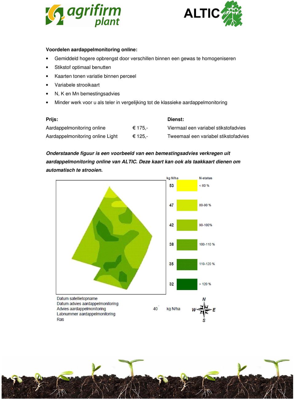 Dienst: Aardappelmonitoring online 175,- Viermaal een variabel stikstofadvies Aardappelmonitoring online Light 125,- Tweemaal een variabel stikstofadvies