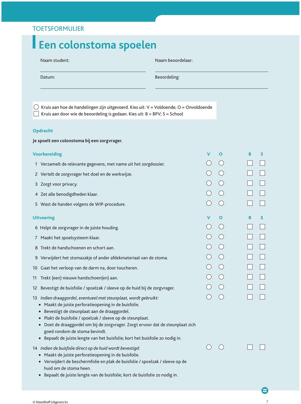 Voorbereiding V O B S 1 Verzamelt de relevante gegevens, met name uit het zorgdossier. Vertelt de zorgvrager het doel en de werkwijze. Zorgt voor privacy. Zet alle benodigdheden klaar.