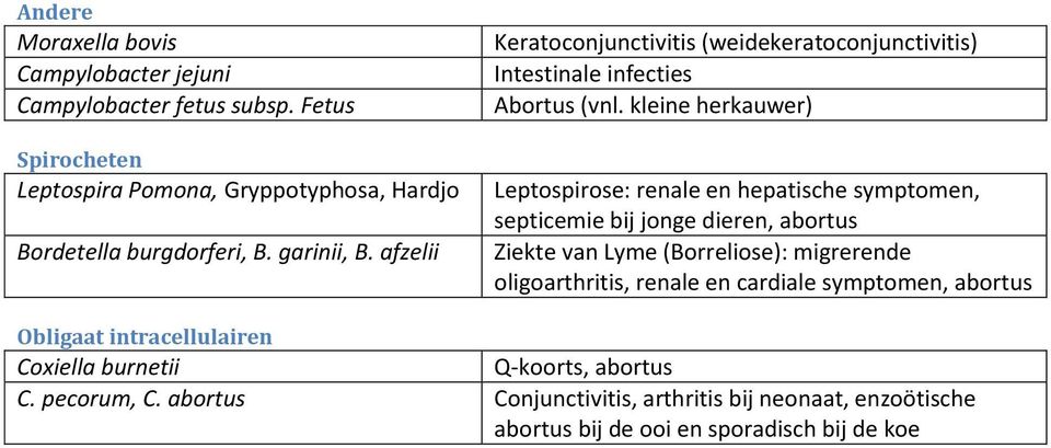 kleine herkauwer) Leptospirose: renale en hepatische symptomen, septicemie bij jonge dieren, abortus Ziekte van Lyme (Borreliose): migrerende