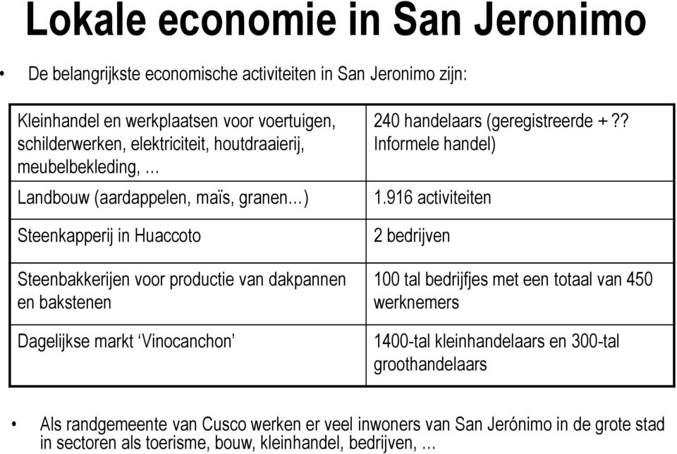 Dagelijkse markt Vinocanchon 240 handelaars (geregistreerde +?? Informele handel) 1.