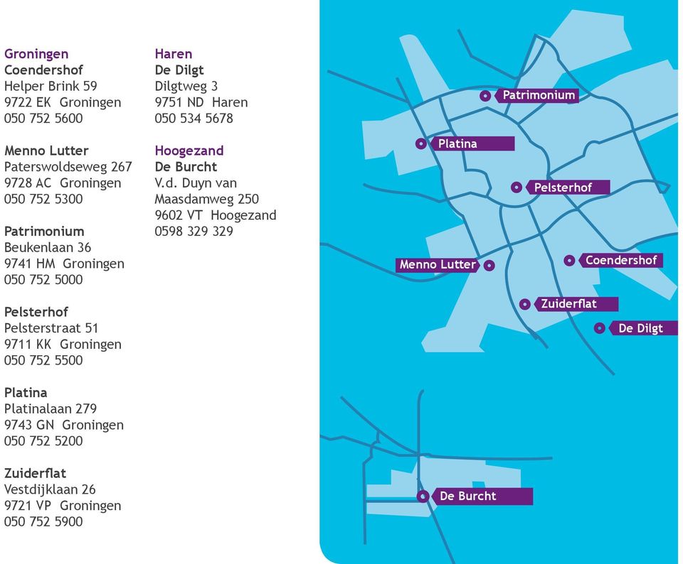 eweg 267 9728 AC Groningen 050 752 5300 Patrimonium Beukenlaan 36 9741 HM Groningen 050 752 5000 Hoogezand 