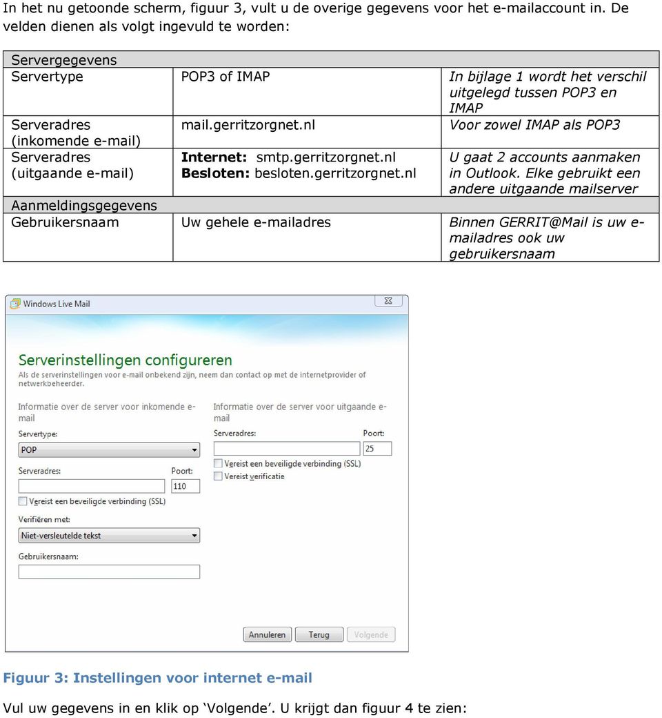 mail.gerritzorgnet.nl Voor zowel IMAP als POP3 Serveradres (uitgaande e-mail) Internet: smtp.gerritzorgnet.nl Besloten: besloten.gerritzorgnet.nl U gaat 2 accounts aanmaken in Outlook.